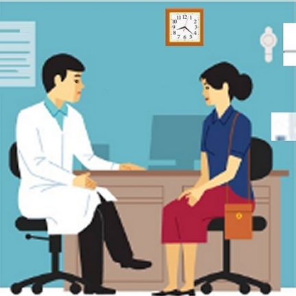 Doctor, with sign behind his back, talking with patient